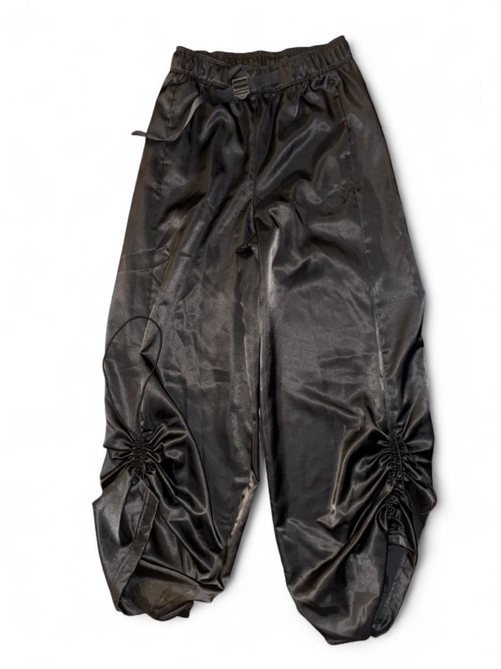 Adidas black satin-finish wide-leg cargo pants